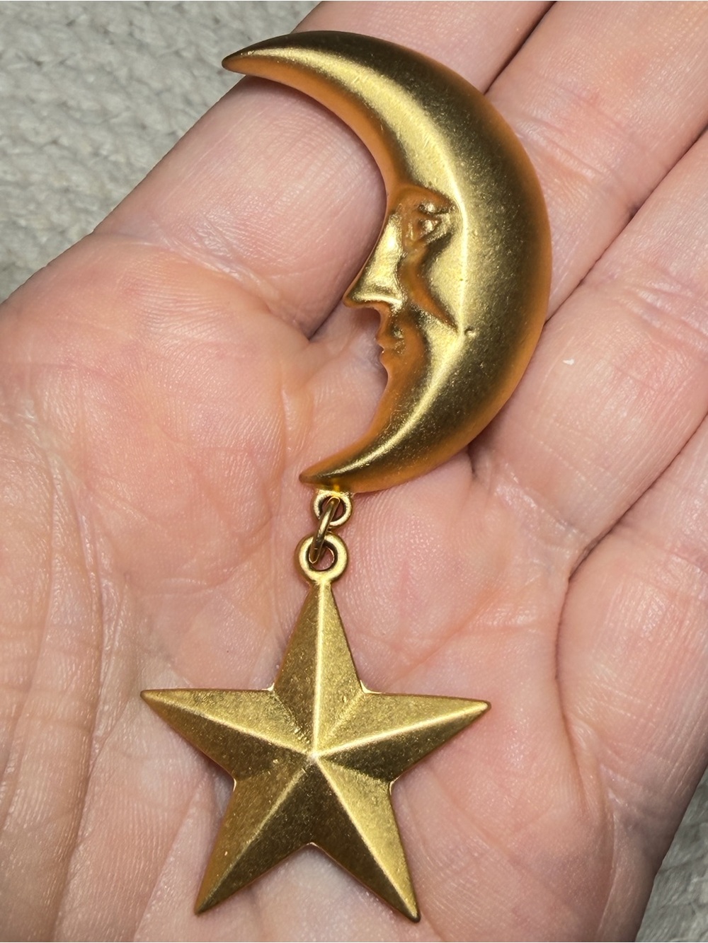 Crescent Moon Brooch Dangle Star Gold Tone Celestial Pin 3 inches